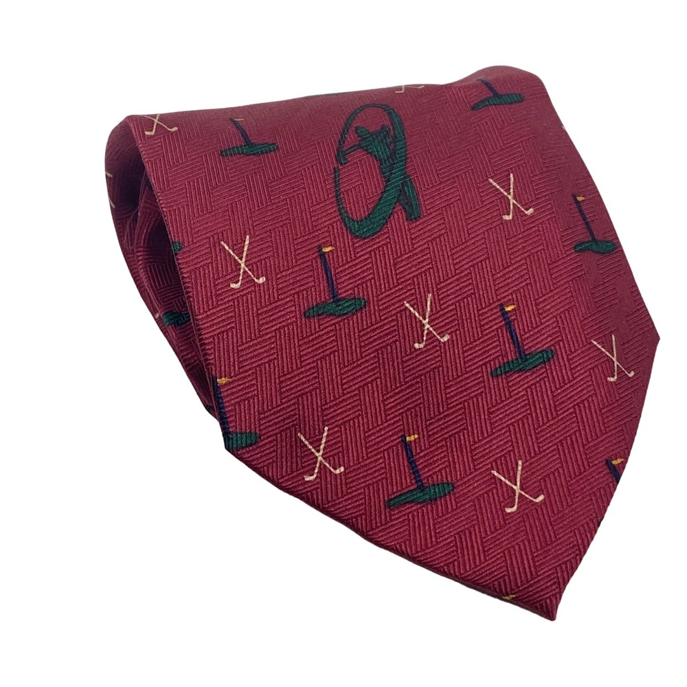 We R Ties Limited Edition Men's Silk Necktie Red Herringbone Golf Theme